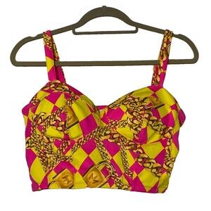 NICKI MINAJ XL Pink & Yellow equestrian Harley Quinn halter top punk diva bikini